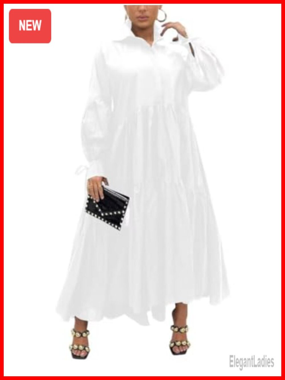 Women's Long Sleeve Collared Maxi Shirt Dress Button Down Pleated Loose Fit